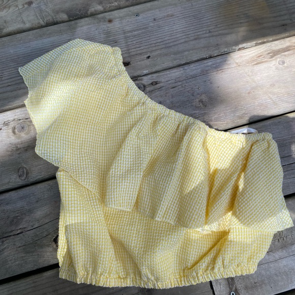Mink pink yellow gingham one shoulder ruffled crop top - Picture 5 of 5